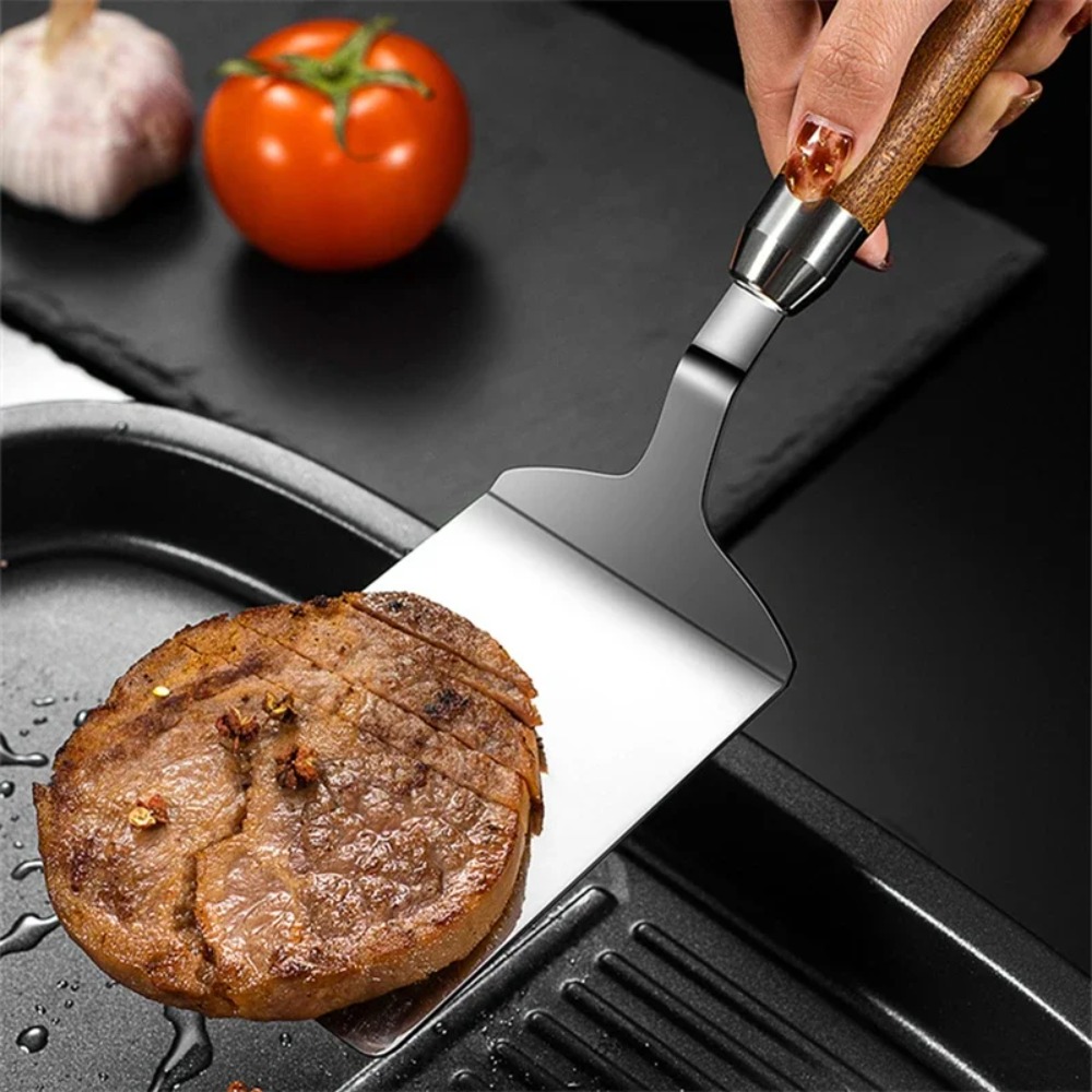 Stainless Steel Spatula With Wooden Handle Steak Griddle Spatula For Turning Serving Egg BBQ Burger 4