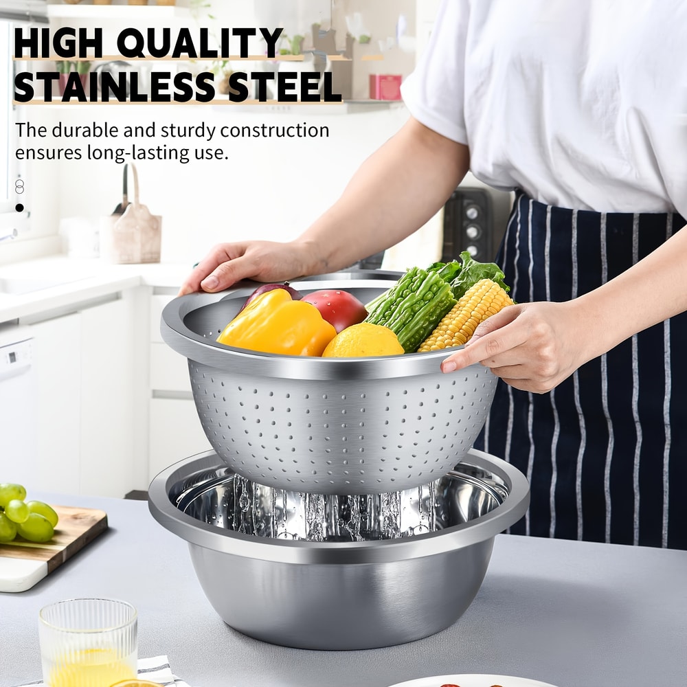 Stainless Steel Rice Washing Bowl With Drain Holes Vegetable Fruit Strainer Colander For Kitchen Si 2