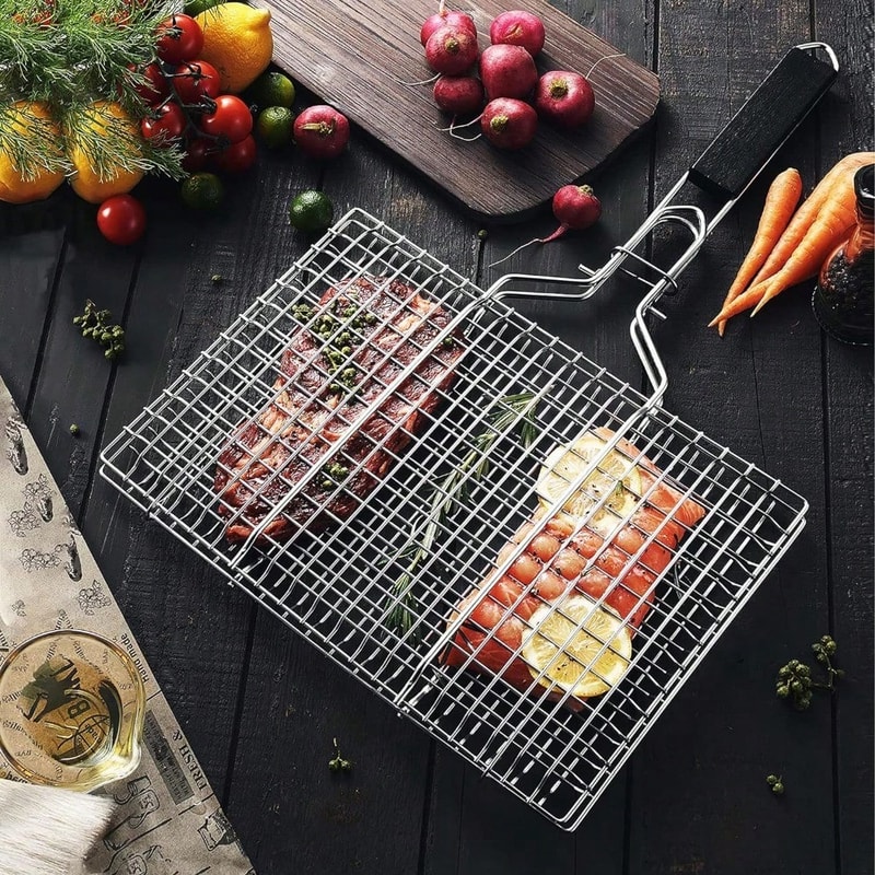 Folding Portable BBQ Rack, Stainless Steel Grilling Basket, Outdoor Camping Griller with Removable Handle