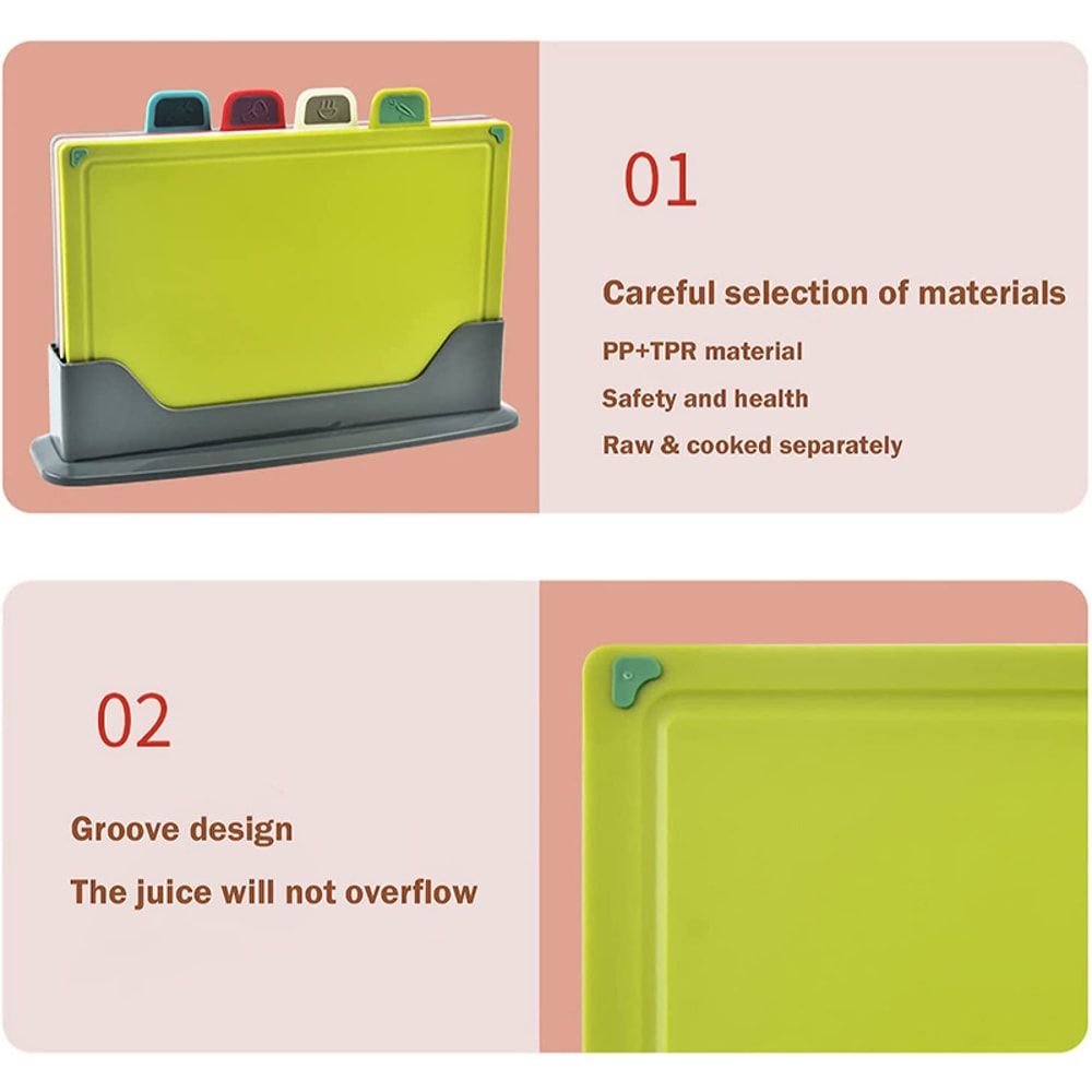 Color-Coded Plastic Cutting Board Set with Storage Stand, Thicker Chopping Board Set, Slip-Resistant Design for Kitchen
