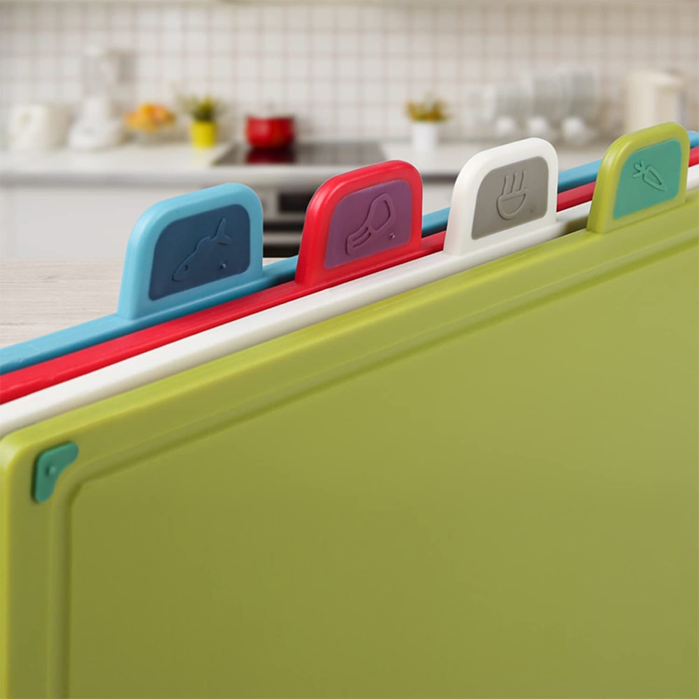 Color-Coded Plastic Cutting Board Set with Storage Stand, Thicker Chopping Board Set, Slip-Resistant Design for Kitchen