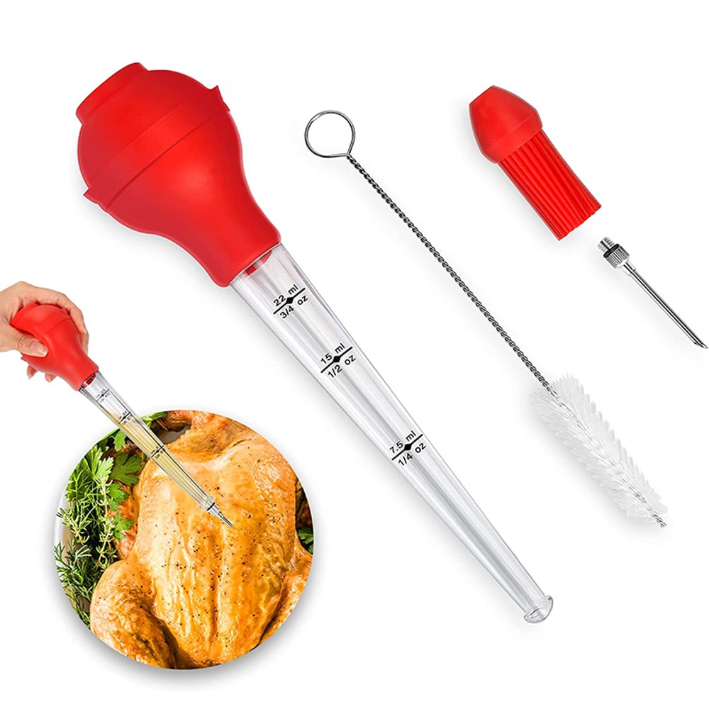 Stainless Steel Turkey Baster with Barbecue Basting Brush, Kitchen Meat Injector Syringe for Perfectly Flavored Meats