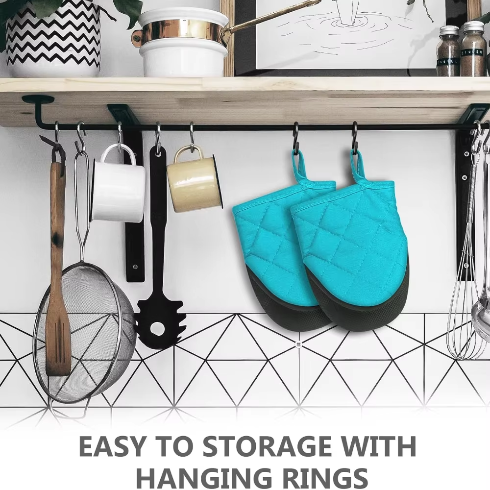 Kitchen Oven Gloves, High Heat Resistant Mitts, Non-Slip Grip, Short Mitts for BBQ, Baking, Cooking, Easy to Hang