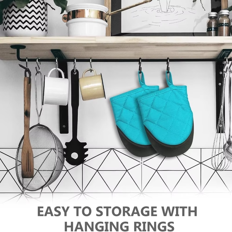 Kitchen Oven Gloves, High Heat Resistant Mitts, Non-Slip Grip, Short Mitts for BBQ, Baking, Cooking, Easy to Hang