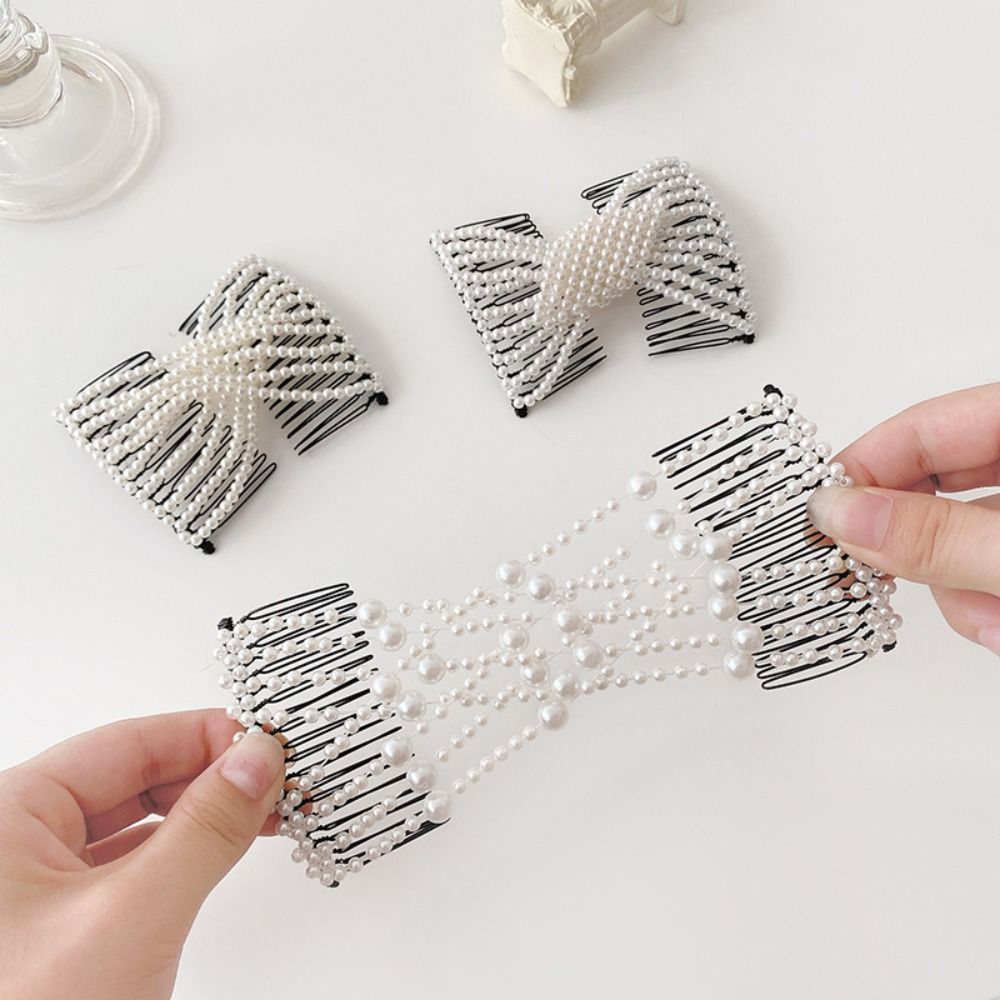 Plastic Pearl Elastic Hairpin Butterfly Fancy Clip Double Side Bun Rhombus Combs Hair Styling Tool 2