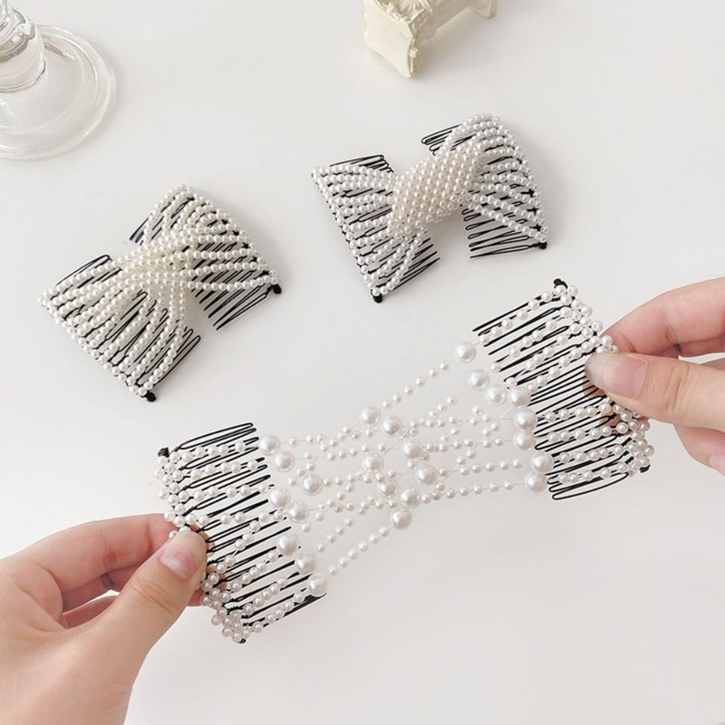 Plastic Pearl Elastic Hairpin Butterfly Fancy Clip Double Side Bun Rhombus Combs Hair Styling Tool 2