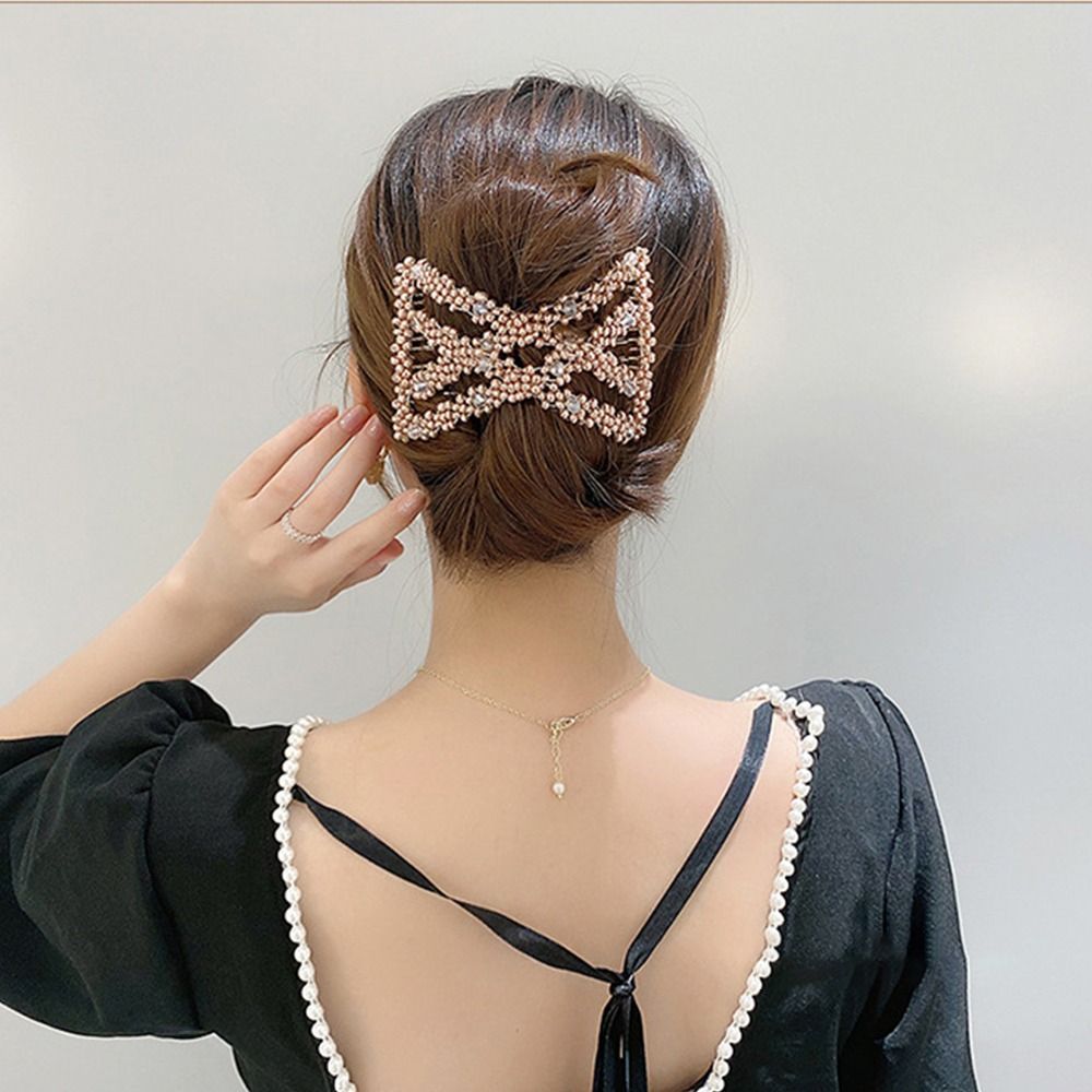 Plastic Pearl Elastic Hairpin Butterfly Fancy Clip Double Side Bun Rhombus Combs Hair Styling Tool 3