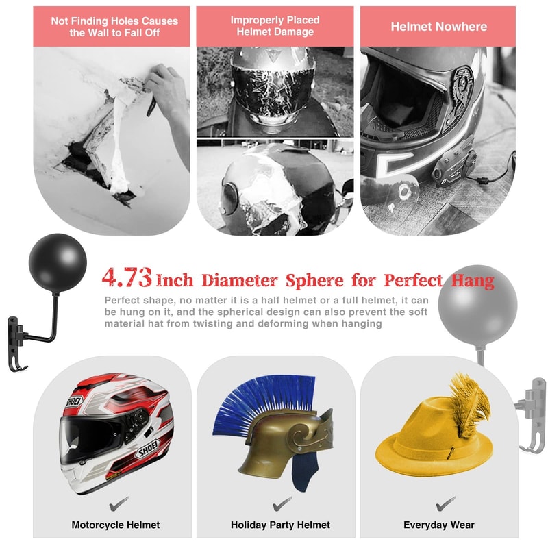 Motorcycle Helmet Rack Wall Mount Rotation Helmet Holder With Hooks Ideal For Coats Caps Bike Rugby 3