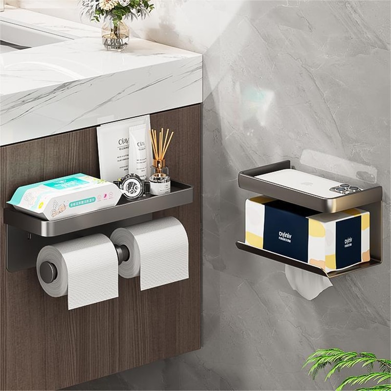 Space Aluminum Toilet Paper Holder, Bathroom Wall Mount, Phone Holder Shelf, Towel Roll Shelf, Bathroom Accessories