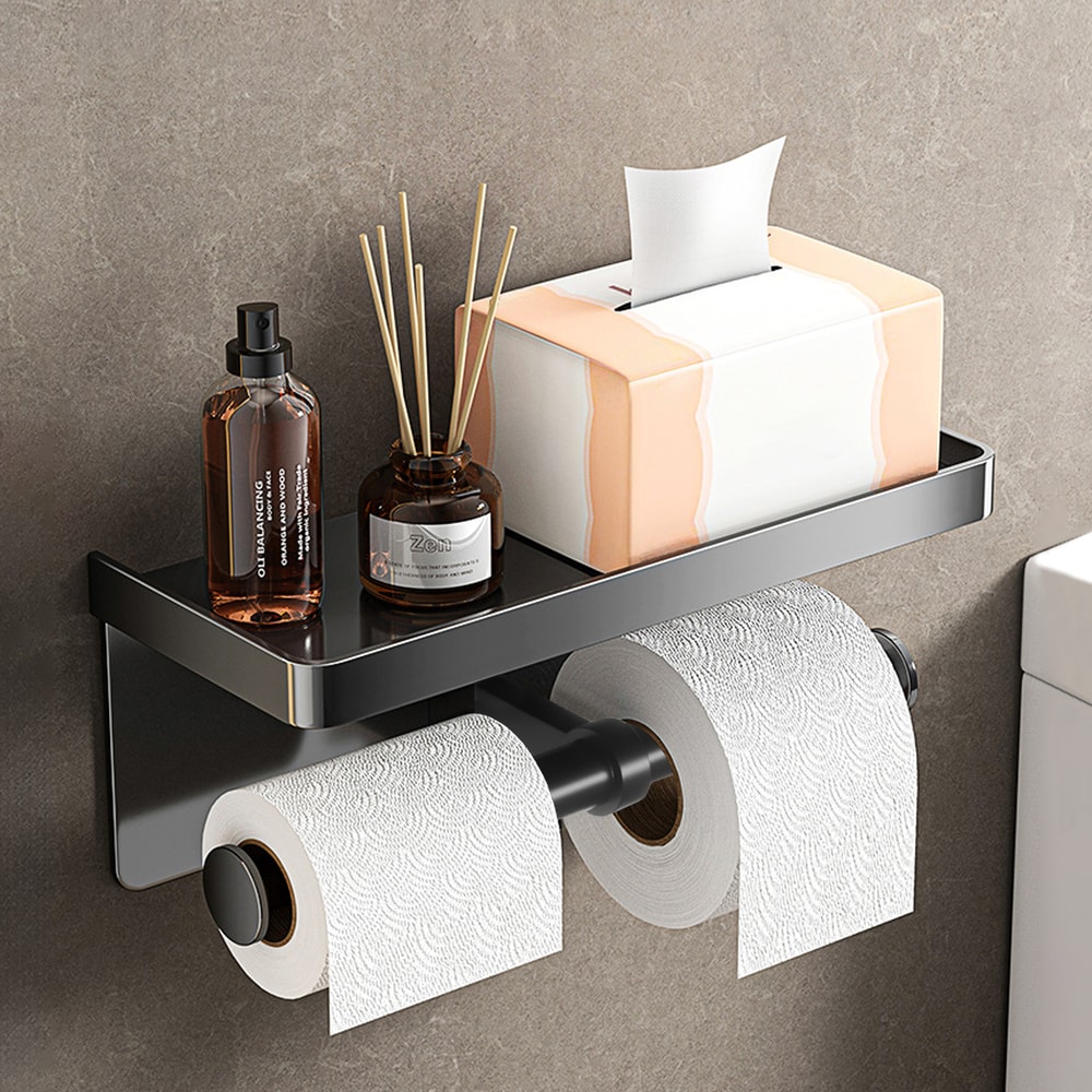 Modern Toilet Paper Holder, Aluminium Double Roll Tissue Holder, Mobile Phone Shelf, Storage Organizer for Bathroom