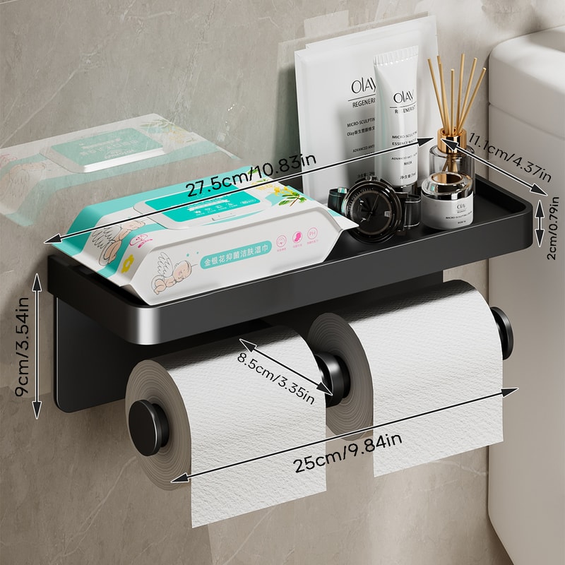 Modern Toilet Paper Holder, Aluminium Double Roll Tissue Holder, Mobile Phone Shelf, Storage Organizer for Bathroom