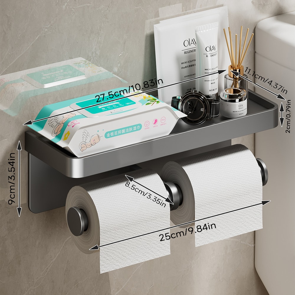 Modern Toilet Paper Holder, Aluminium Double Roll Tissue Holder, Mobile Phone Shelf, Storage Organizer for Bathroom