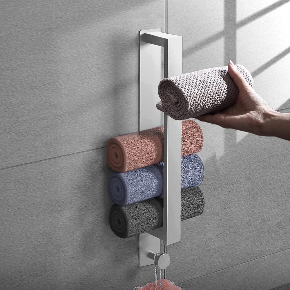 Stainless Steel Bathroom Towel Racks with Hooks, No Drill Wall Storage Organizer, Towel Holder for Bathroom Accessories