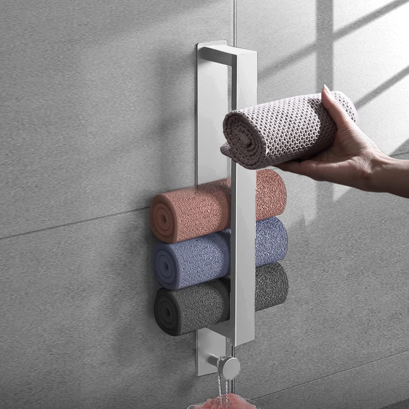 Stainless Steel Bathroom Towel Racks with Hooks, No Drill Wall Storage Organizer, Towel Holder for Bathroom Accessories