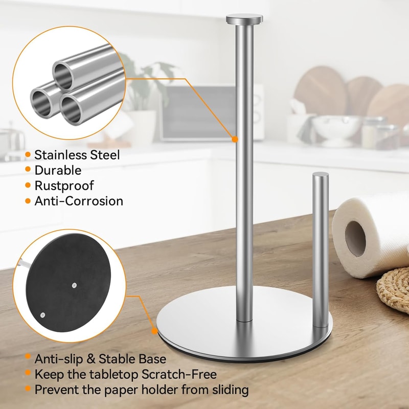 Kitchen Roll Organizer, Stainless Steel Paper Towel Holder with Weighted Base for Kitchen Countertop