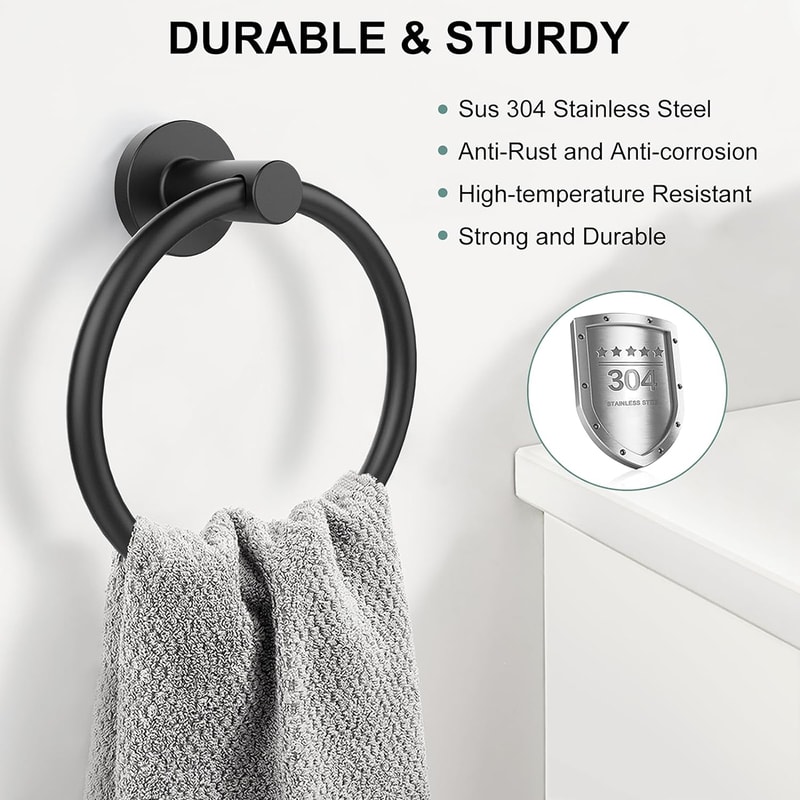 Bathroom Towel Ring, Stainless Steel, Matte Black Hand Towel Holder, Round Towel Hanger, Hardware Accessories Storage