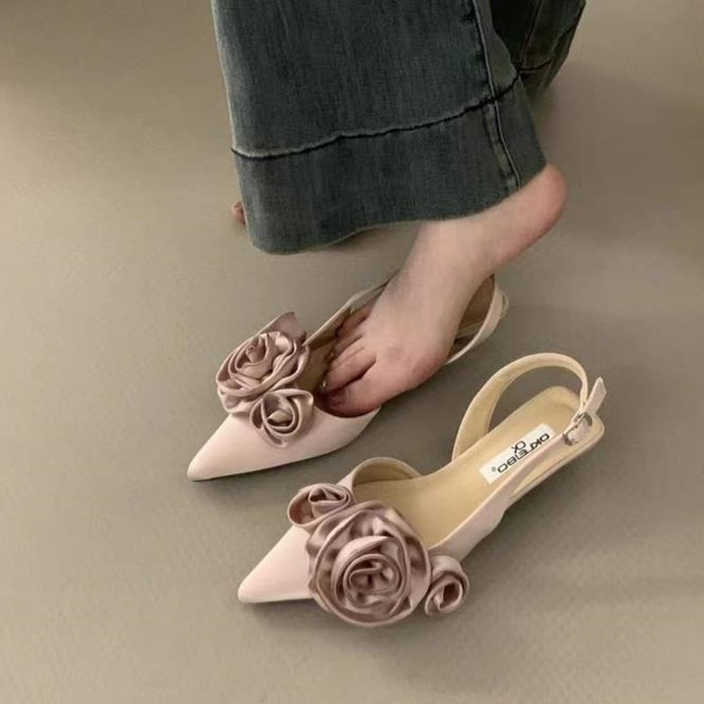 Women Sandal, Fashion Flower Slingback Dress Shoes, Thin Low Heel Mules Pumps