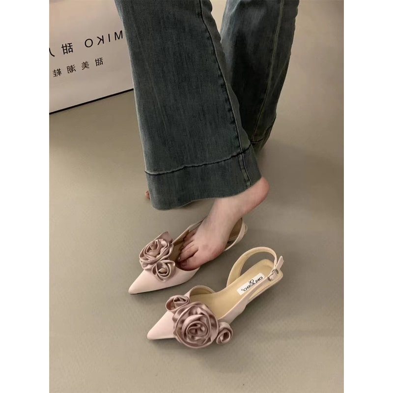 Women Sandal, Fashion Flower Slingback Dress Shoes, Thin Low Heel Mules Pumps