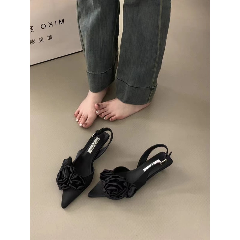 Women Sandal, Fashion Flower Slingback Dress Shoes, Thin Low Heel Mules Pumps