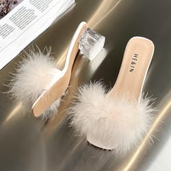 fashion slippers womens summer open toe plush fox fur chunky flip flops sexy square toe simple pumps