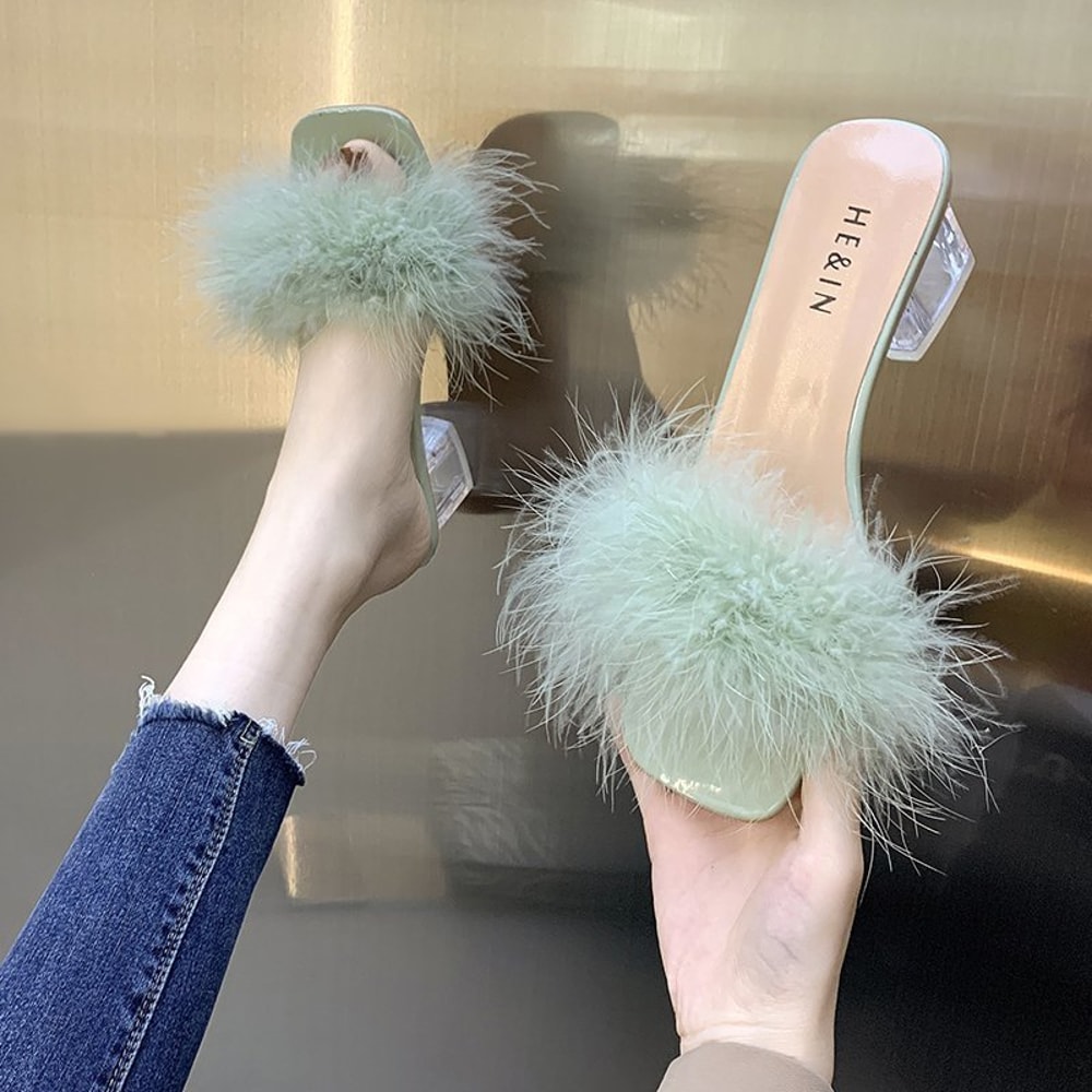 Fashion Slippers Womens Summer Open Toe Plush Fox Fur Chunky Flip Flops Sexy Square Toe Simple Pumps