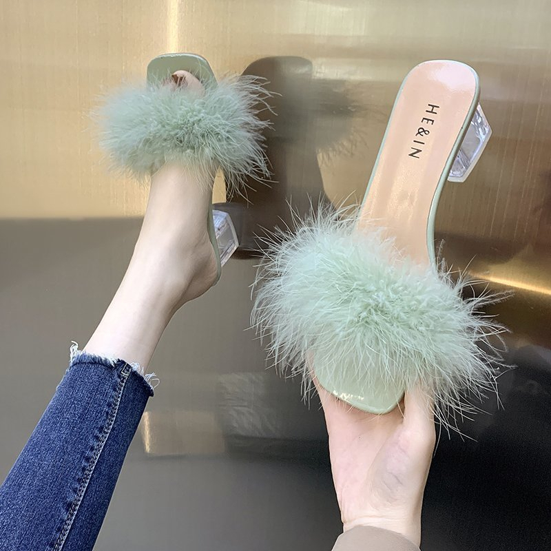 Fashion Slippers Womens Summer Open Toe Plush Fox Fur Chunky Flip Flops Sexy Square Toe Simple Pumps