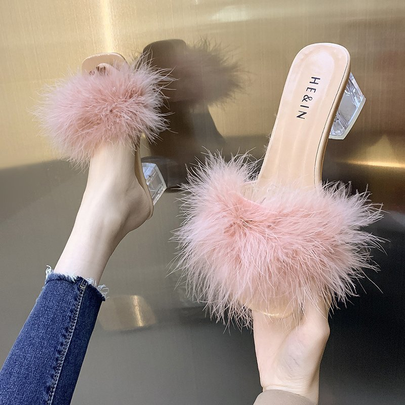 Fashion Slippers Womens Summer Open Toe Plush Fox Fur Chunky Flip Flops Sexy Square Toe Simple Pumps