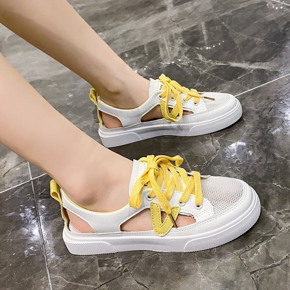 New Women's White Casual Shoes, Fish-mouth Sandals, Transparent Mesh, Metal Decorative Breathable Shoes