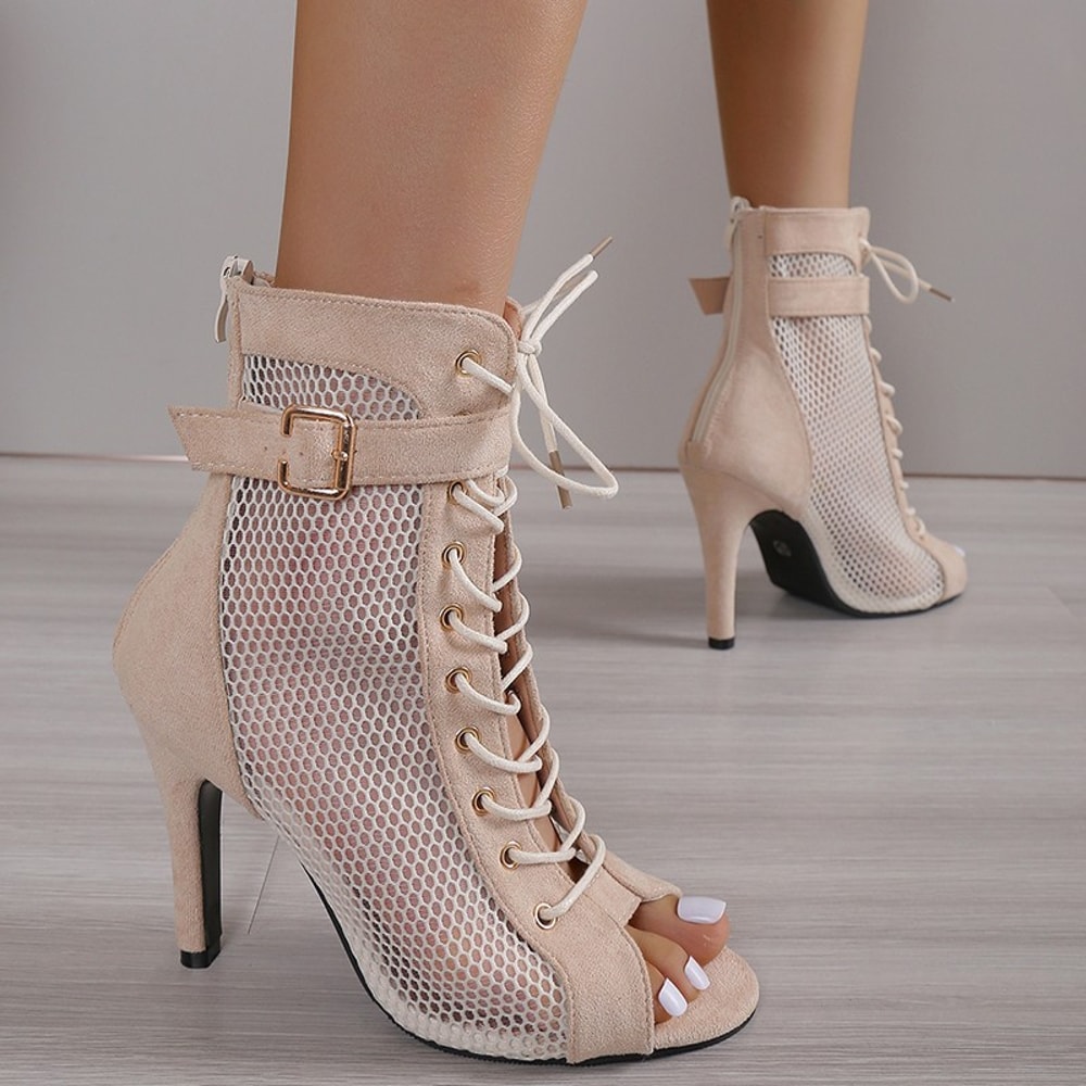 Women Fashion Show Net Fabric Cross Strap Sexy High Heel Sandals, Lace-up Peep Toe Pumps, Casual Mesh Woman Shoes
