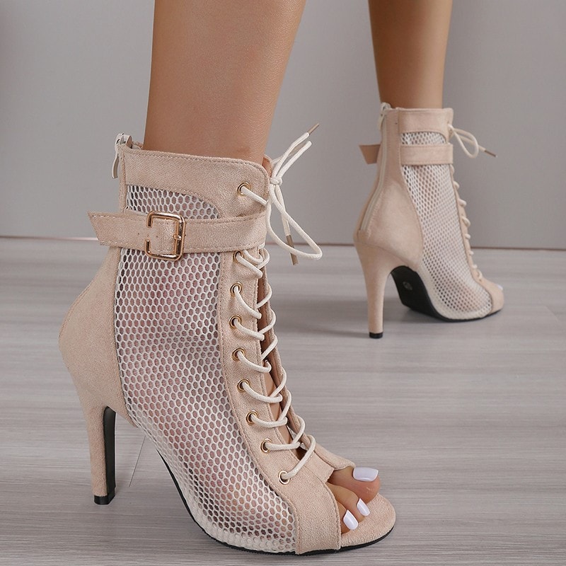 Women Fashion Show Net Fabric Cross Strap Sexy High Heel Sandals, Lace-up Peep Toe Pumps, Casual Mesh Woman Shoes