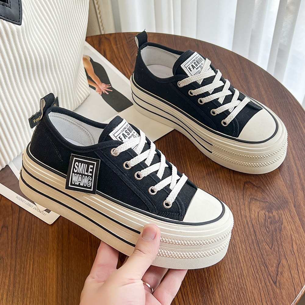 Women Black White Platform Canvas Shoes, Lace Up Sneakers, Comfortable Sport Vulcanize Shoes for Outdoor Fashion