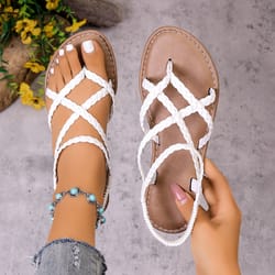 summer women's beach sandals, woven flip-toe herculean solid color sandals