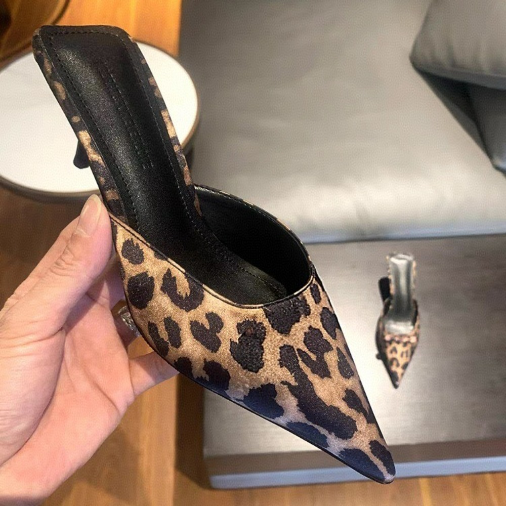 Leopard Brown Baotou Shallow Toe Baotou Half-slipper Women's Fashion High Heel Sandals, Elegant Pointed Toe Womens Mules