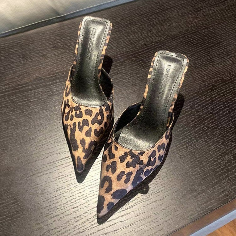 Leopard Brown Baotou Shallow Toe Baotou Half-slipper Women's Fashion High Heel Sandals, Elegant Pointed Toe Womens Mules