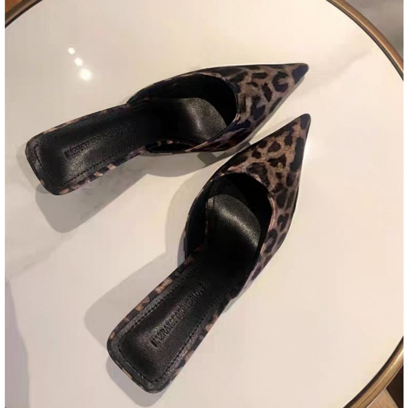 Leopard Brown Baotou Shallow Toe Baotou Half-slipper Women's Fashion High Heel Sandals, Elegant Pointed Toe Womens Mules