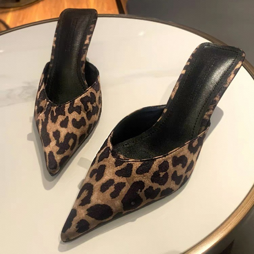 Leopard Brown Baotou Shallow Toe Baotou Half-slipper Women's Fashion High Heel Sandals, Elegant Pointed Toe Womens Mules
