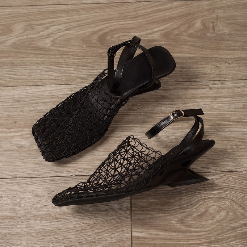 Summer Luxury Fashion Designer Sandals, Women's Lace Mesh, Square Toe, Braided Slip-on High Heels Sandals