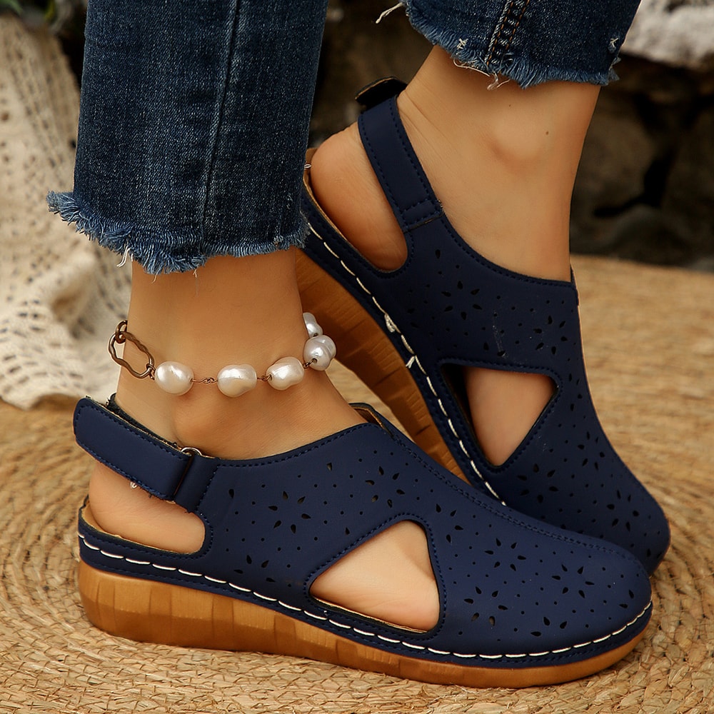 Casual Breathable Hollow Out Roman Sandals With Magic Tape Comfortable Heel Design 3