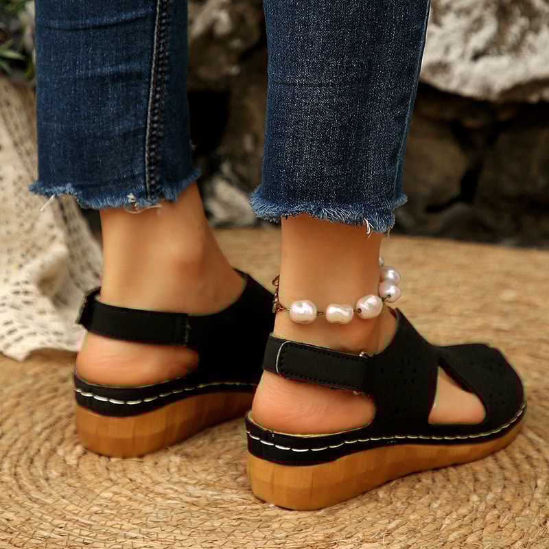 Casual Breathable Hollow Out Roman Sandals With Magic Tape Comfortable Heel Design 5