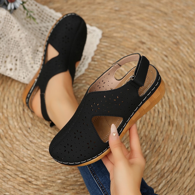 Casual Breathable Hollow Out Roman Sandals With Magic Tape Comfortable Heel Design 7