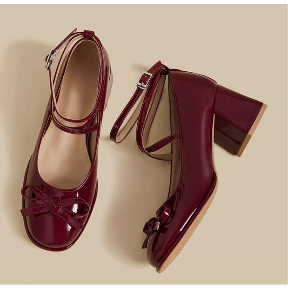 Red Mary Jane Women Pumps Thick High Heels Shoes Lolita Square Toe Leather Party Shoes 1