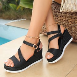crystal ankle buckle wedges sandals for women, summer chunky platform shoes, thick sole non-slip wedges, solid sandals