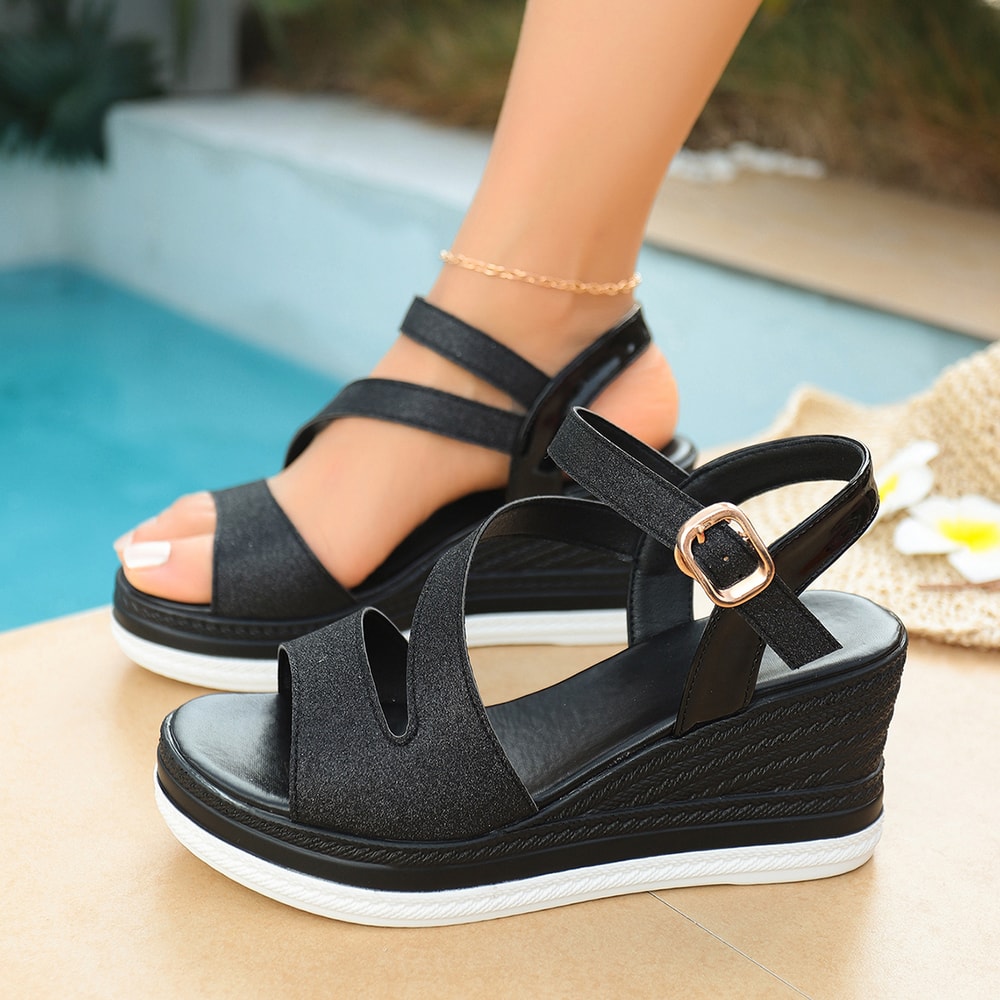 Crystal Ankle Buckle Wedges Sandals For Women Summer Chunky Platform Shoes Thick Sole NonSlip Wedge 4