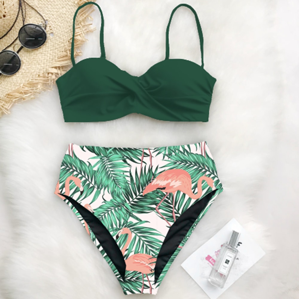 High Waist Bikini Set Women Sexy Bikini Flower Swimwear Vintage Halter Neck Swimsuit Deep Blue Bath