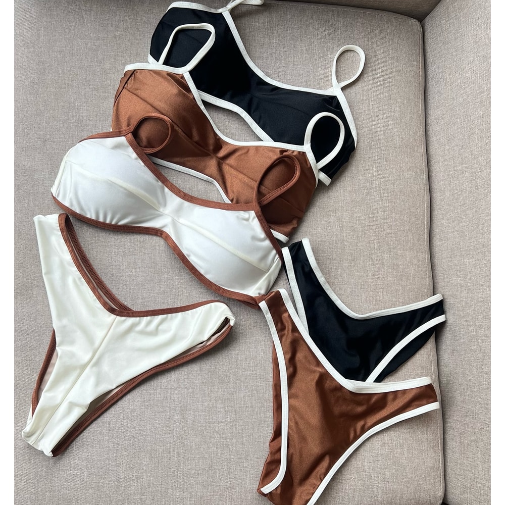 Sexy Bikini Women Swimsuit, Female Swimwear, Bandeau Biquini Thong Bathing Suit, Shiny Swimming Suits Halter Bodysuit