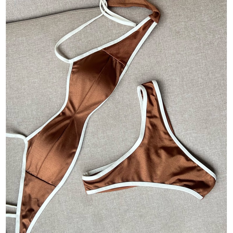 Sexy Bikini Women Swimsuit, Female Swimwear, Bandeau Biquini Thong Bathing Suit, Shiny Swimming Suits Halter Bodysuit