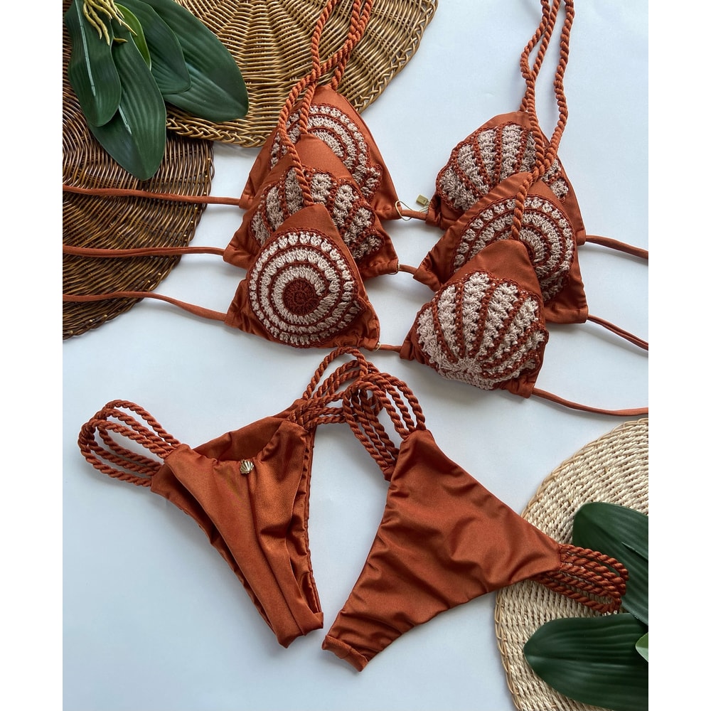 Sexy Bikini Bandeau Women Swimsuit, High Waist Bikinis Set, Ribbed Bathing Suit, Shell Swimming Suit