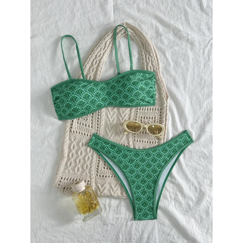 Sexy Bandeau Bikini Women Green Floral Pleate Push Up Padded Thong Swimsuit Two Piece Summer Swimwe 0