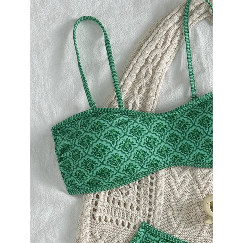 Sexy Bandeau Bikini Women Green Floral Pleate Push Up Padded Thong Swimsuit Two Piece Summer Swimwe 2