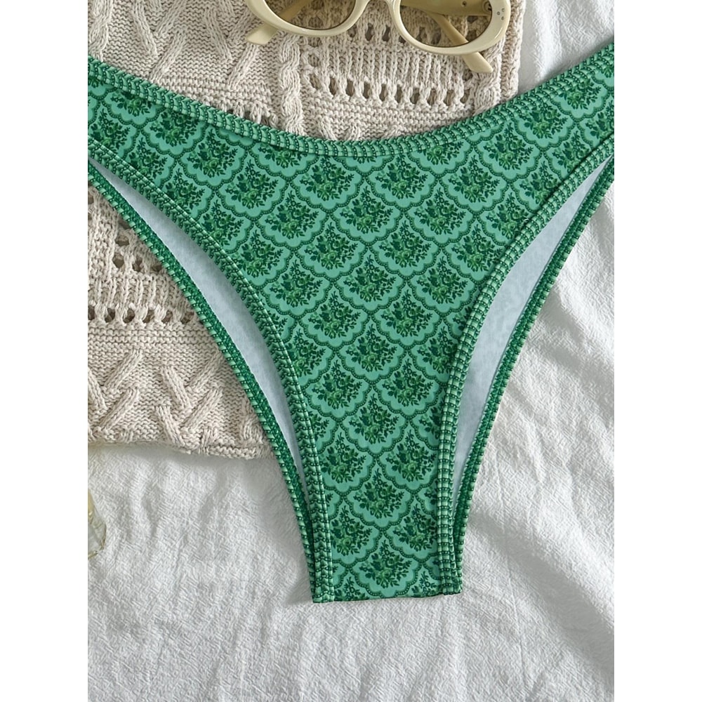 Sexy Bandeau Bikini Women Green Floral Pleate Push Up Padded Thong Swimsuit Two Piece Summer Swimwe 3